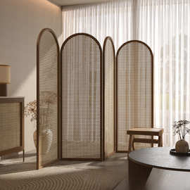 复古风实木藤编折屏遮挡隔断名宿酒店办公室可折叠简约隔断