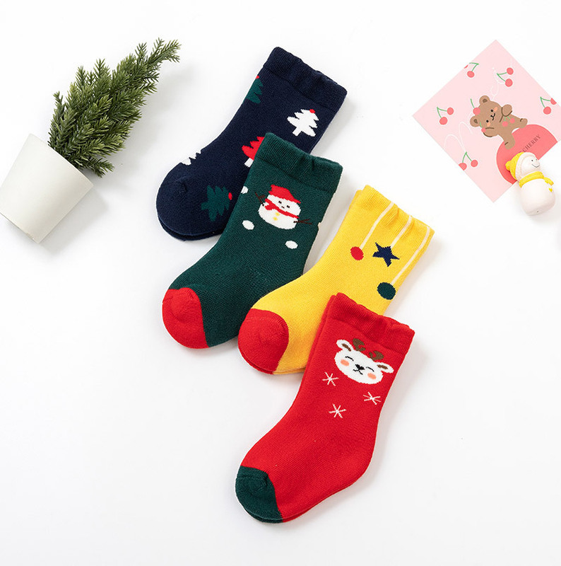 Autumn and winter baby thickened Terry socks children's mid-calf Christmas socks winter boneless fleece-lined baby socks