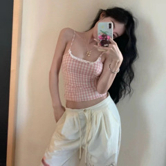 夏季女裝新款 BM風辣妹性感粉色格子吊帶背心上衣