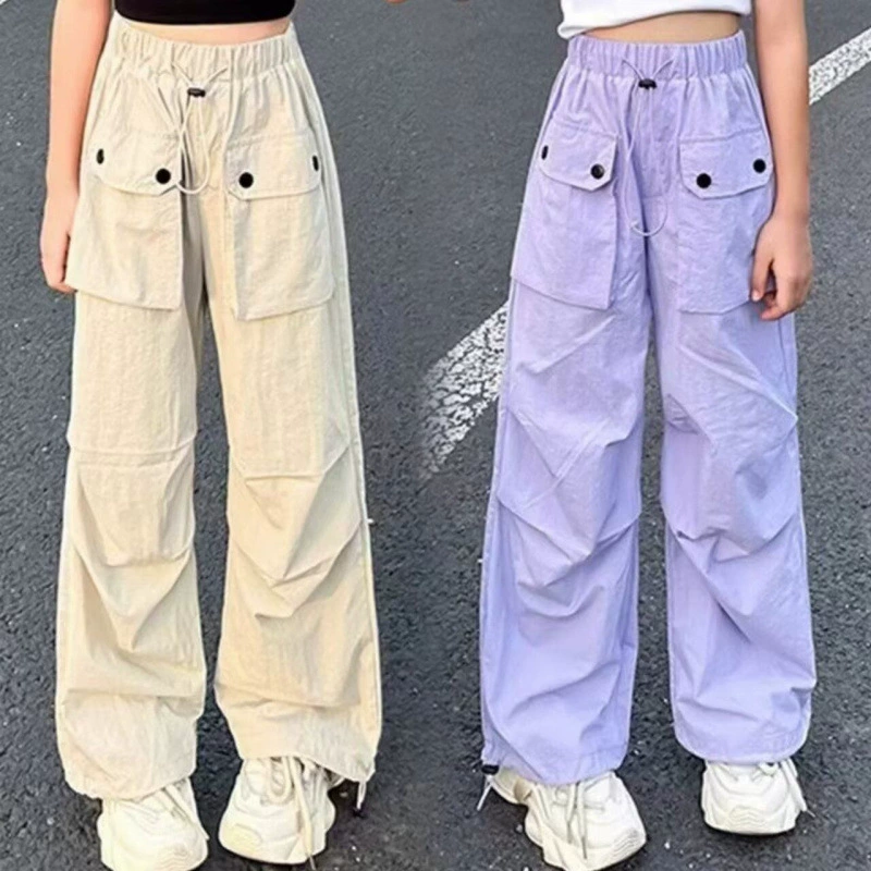 Летние тонкие брюки-карго для девочек, свободные повседневные прямые брюки для детей старшего возраста, модные уличные брюки для джазовых танцев.