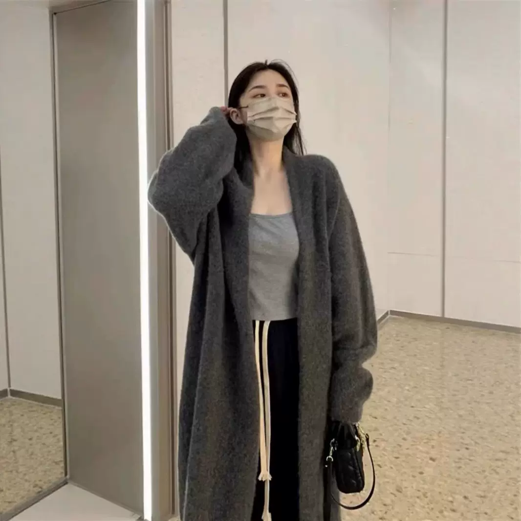 高级感宽松显瘦慵懒风外搭开衫女软糯过膝中长款毛衣外套春秋季