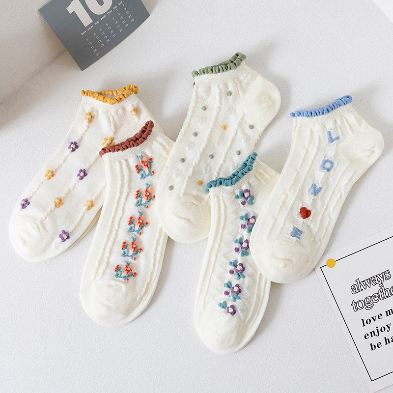 Calcetines de verano, calcetines de mujer, boca fina, encaje lindo, dulce estudiante, corte bajo, calcetines de barco florales pequeños de primavera, marea femenina
