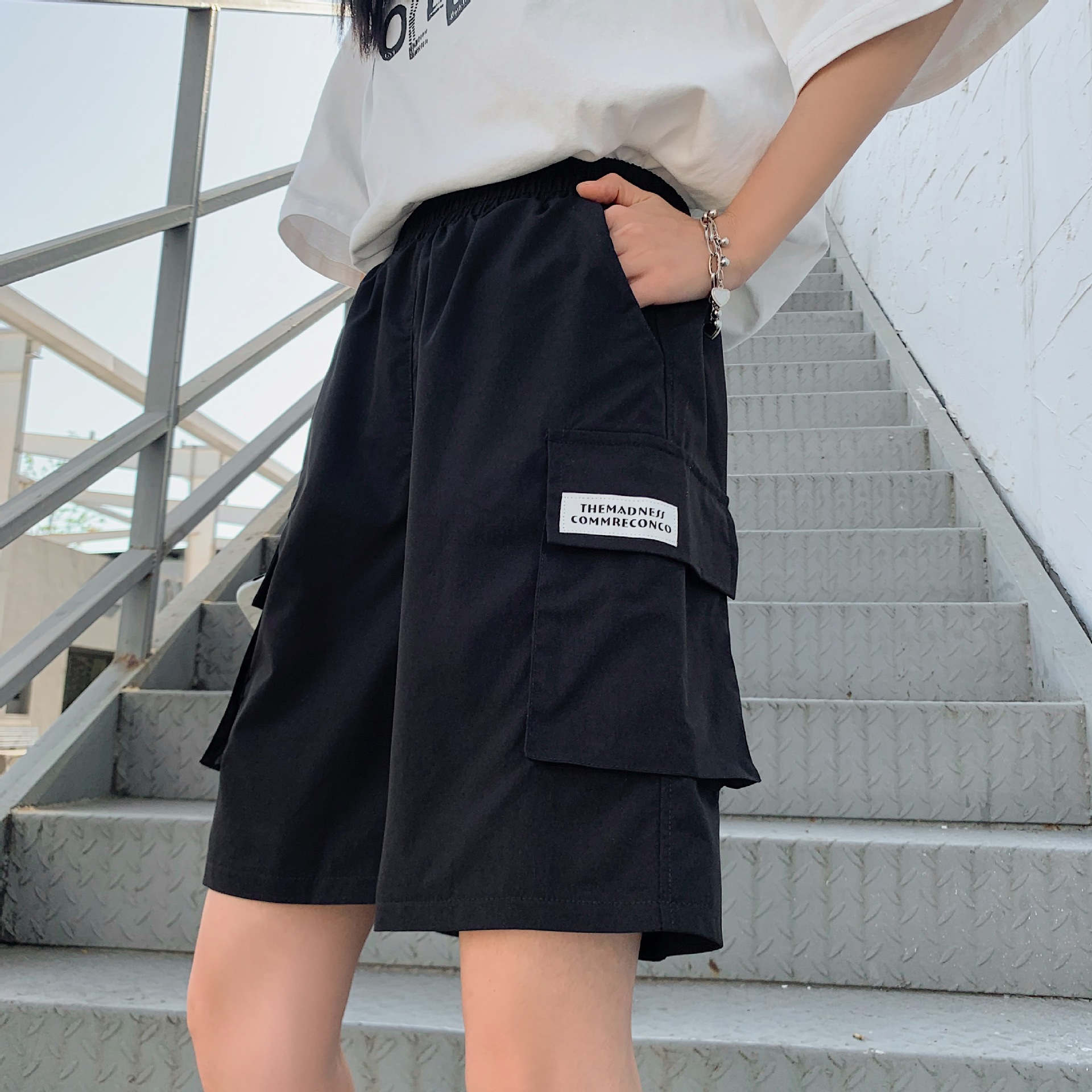 Tooling shorts female summer loose 2021 new high waist slim black casual A word wide leg five pants tide INS