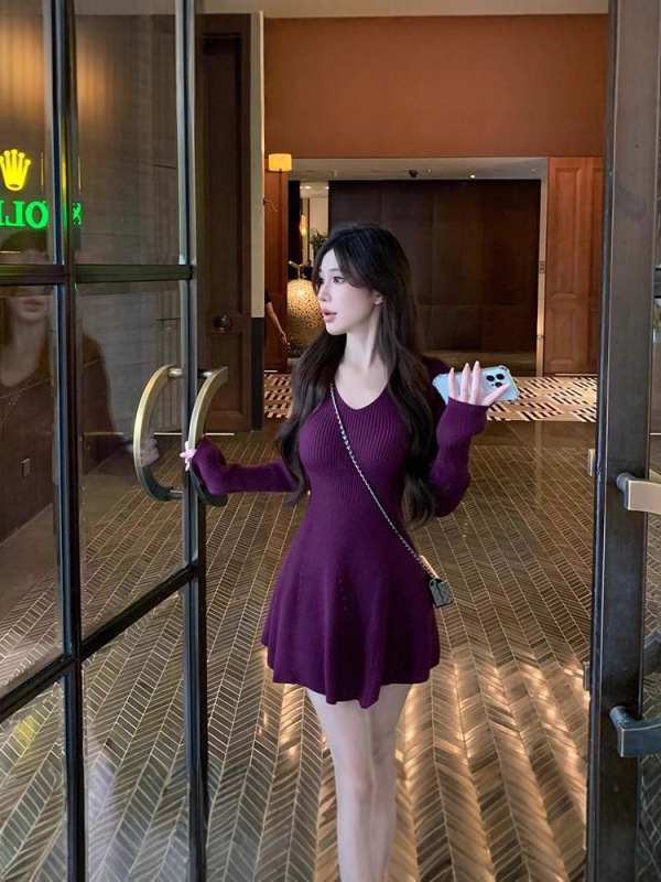 御姐风气质针织连衣裙女秋季长袖收腰显瘦v领裙子修身弹力a字短裙|undefined