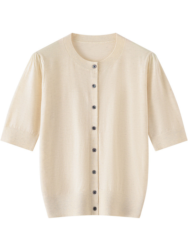 Knitted Sweater Women's Half-Sleeved Knitted Cardigan 26 Autumn and Winter New Style Round Neck Five-Quarter Short-Sleeved Knitted Sweater