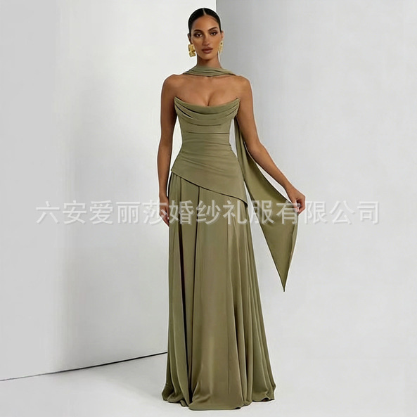 Foreign Trade Cross-Border 2026 New Style Asymmetrical Strapless Dress with Straps for Women, French-Style Sexy Long Dress, Banquet Evening Gown Foreign Trade Cross-Border 2026 New Style Asymmetrical Strapless Dress with Straps for Women, French-Style Sexy Long Dress, Banquet Evening Gown
