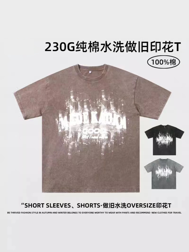 230g hacer vieja camiseta de manga corta impresión masculina cuello redondo suelto oversize vintage marca de moda blusa de moda universal