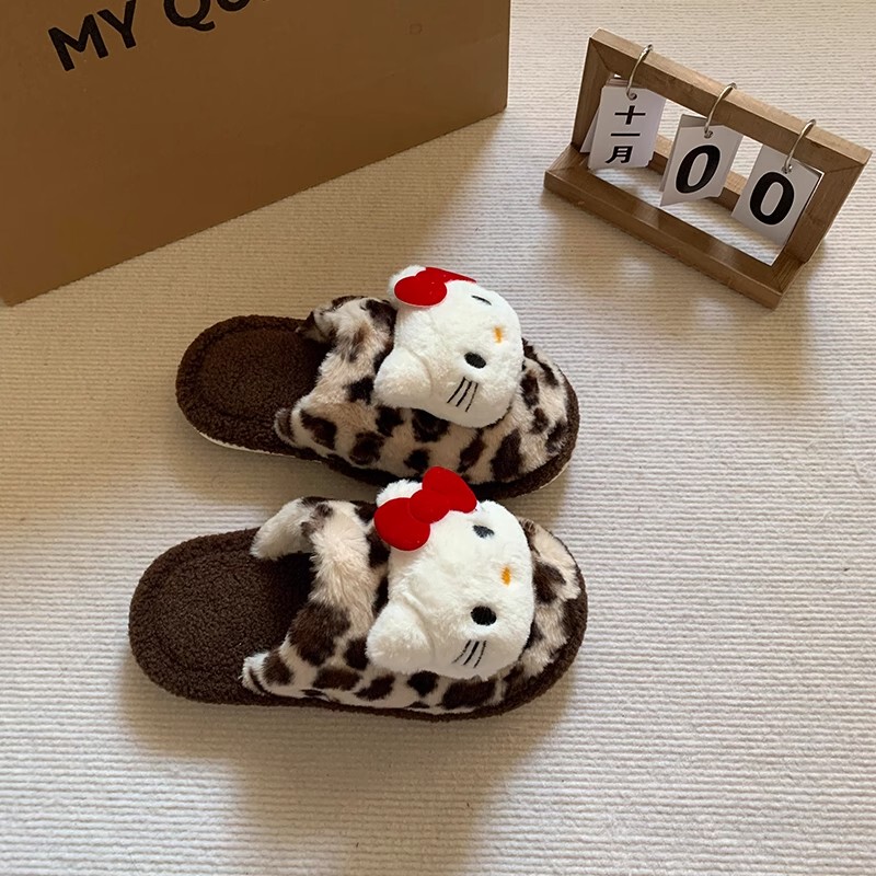 Leopard Print Kt Cat Cotton Slippers for Women, New Autumn and Winter Cute Indoor Home Non-Slip Closed-Toe Furry Slippers Leopard Print Kt Cat Cotton Slippers for Women, New Autumn and Winter Cute Indoor Home Non-Slip Closed-Toe Furry Slippers
