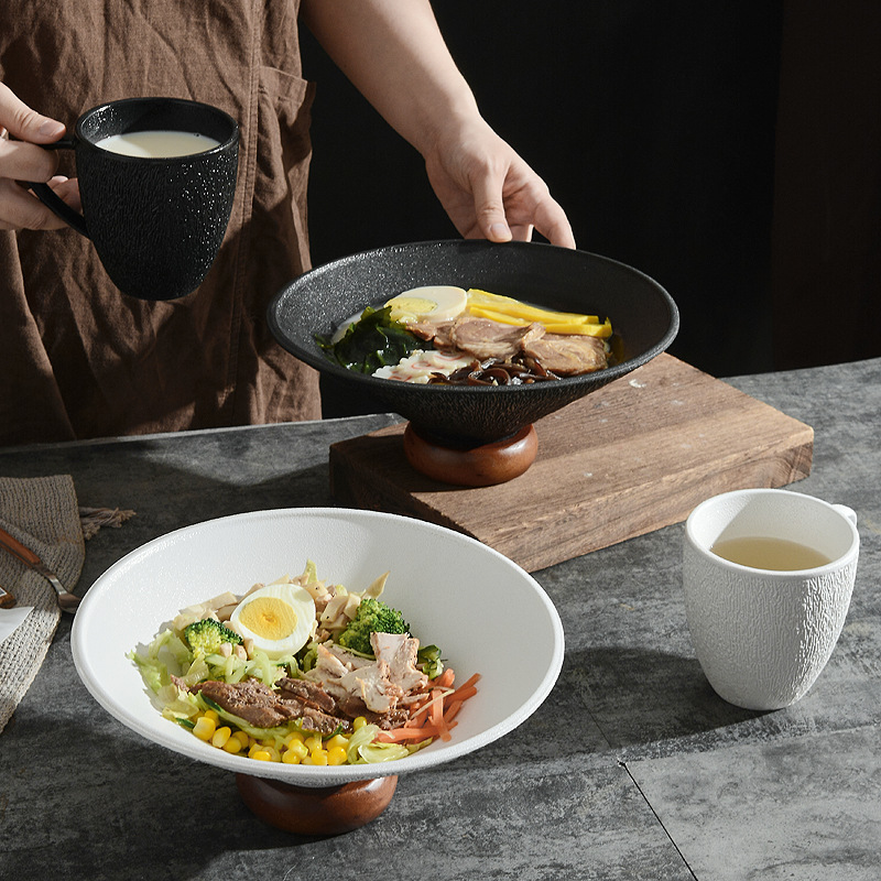 Ceramic bucket plate Home Hotel restaurant fruit ramen salad goblet plate 10-inch open bowl rubber wooden base