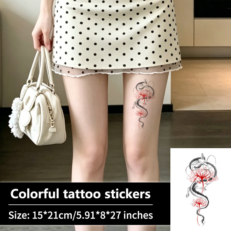 Abstract line red lotus tattoo sticker, colorful lotus sticker for upper arm and forearm, waterproof temporary tattoo sticker