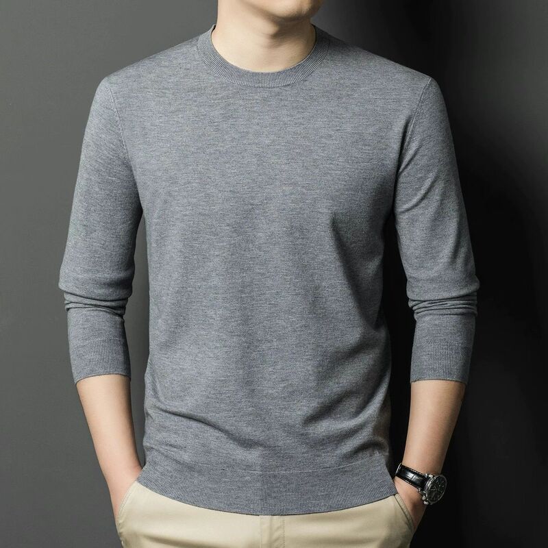 Young and middle-aged men's lightweight casual sweater, round-neck knitted base shirt, 2026 spring and autumn popular solid color men's trendy sweater