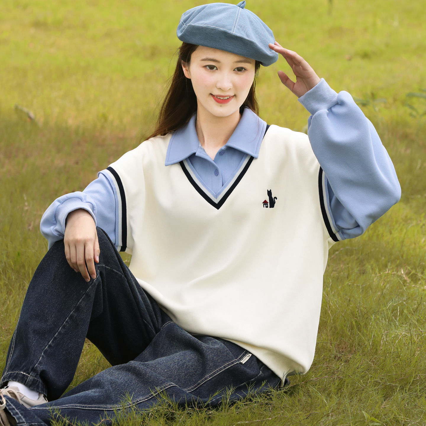 25322 Junior High School Student Sweatshirt for Girls and Older Children Spring and Autum 2025 New High School Student Fake Two-Piece Splicing College