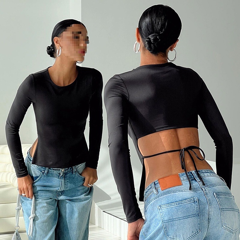 New Cross-Border Foreign Trade European and American Women's Fashion Ins Niche Long-Sleeve T-Shirt with Front Long and Back Short Design, Tie-Up, Slim Fit, Wholesale Dropshipping