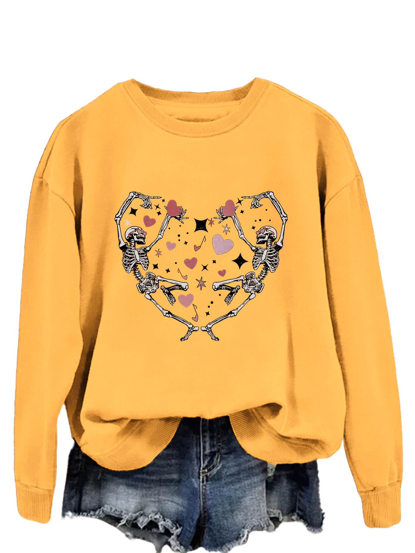 Totenkopf-Herz-Druck, personalisiertes Damen-Sweatshirt, Valentinstag, neuer Trend, langärmeliges Oberteil_voghion.com