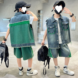 Boys' Vest Suit Three-Piece Summer New Style for Middle and Large Children, Loose Version, Popular Style, Thin Style, Handsome and Trendy