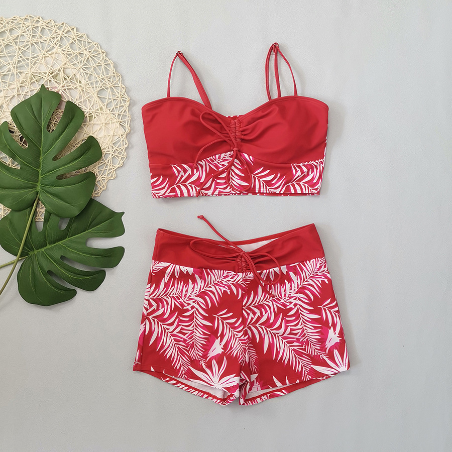 High Waist Lace up Print Swimsuit for Women Split Boxer Style Solid Color Splicing Design European American Foreign Trade 2024 Large Size_ecoleips.com
