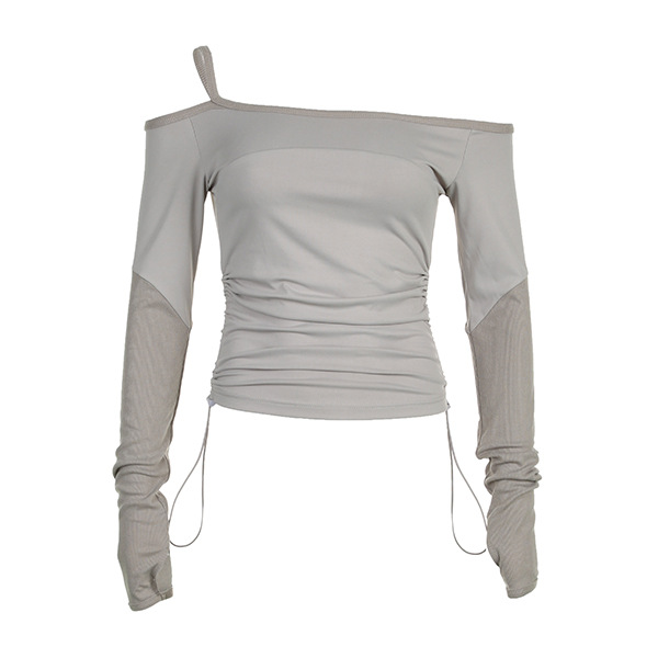 Sexy Single Shoulder Suspender Off Neck Long Sleeved T Shirt Women Solid Color Side Pleating Slim Fit Bottoming Top