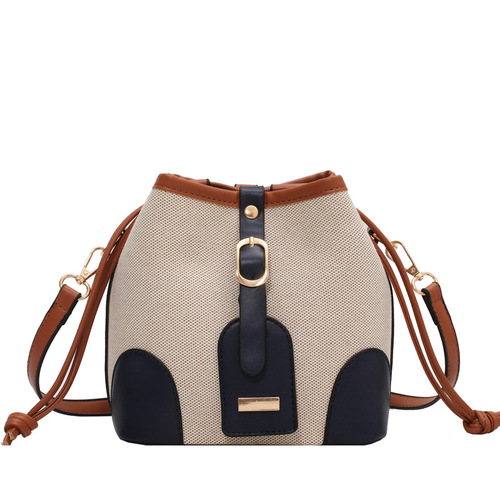 Contrast color bucket bag for women summer new trendy fashion shoulder bag canvas stitching Korean textured crossbody bag