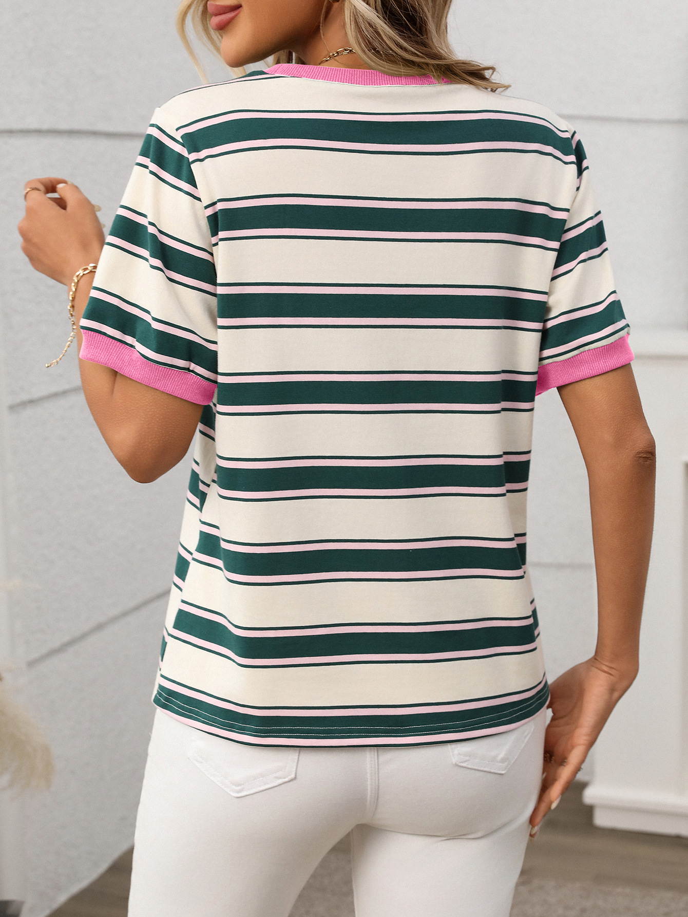 Summer round Neck Loose Top Striped Contrast Color Short Sleeve T shirt