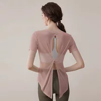Летняя быстросохнущая спортивная футболка с короткими рукавами, одежда для йоги, свободный разрез «ласточкин хвост», красивый топ сзади, одежда для бега и фитнеса для женщин