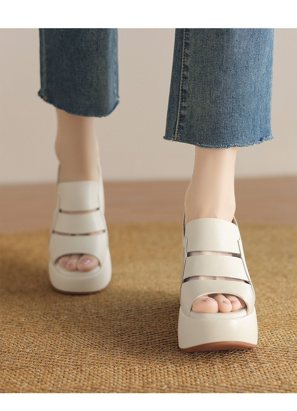 Sandal nữ đế xuồng cao gót da thật phong cách La Mã, gót 9 cm — đen, Màu trắng nhạt chi tiết 10