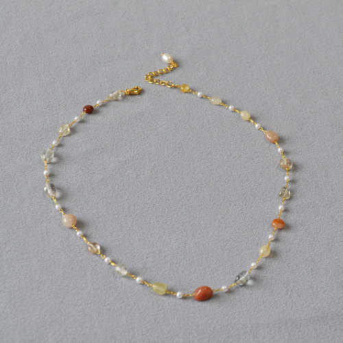 Japanese and Korean niche design purple and green genuine stone imitation pearl bead handmade woven minimalist short pendant necklace choker chain