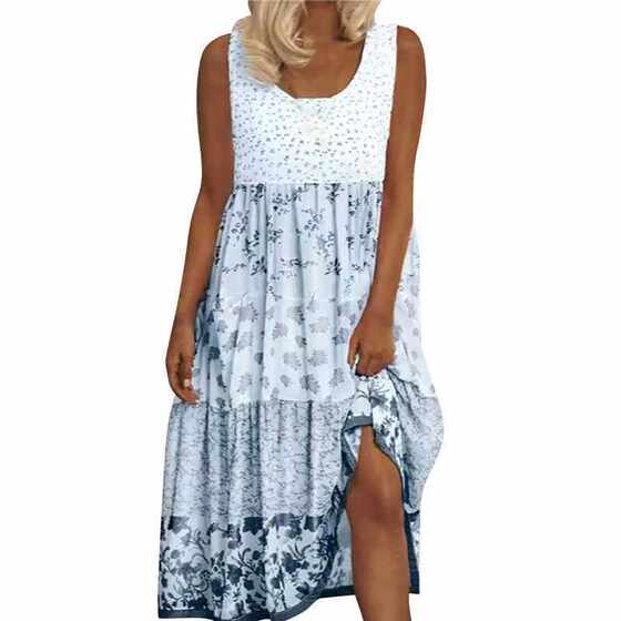 Cross-Border Export 2025 Amazon Aliexpress Wish Sleeveless Printed Summer Round Neck Dress for Women
