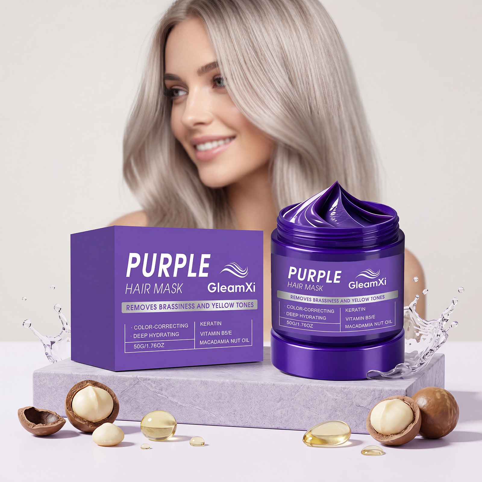 Gleamxi Purple Moisturizing Hair Mask with Gentle Ingredients to Moisturize and Soften Hair, Convenient for Daily Care