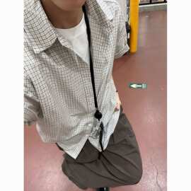 日系复古慵懒格子工装五分袖衬衫男夏季通勤短袖衬衣百搭上衣批发