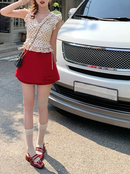 Acaie ショートスモールフライングスリーブ V ネック水玉トップスカートスーツ女性の夏のフレンチスタイル 2 点セット|undefined