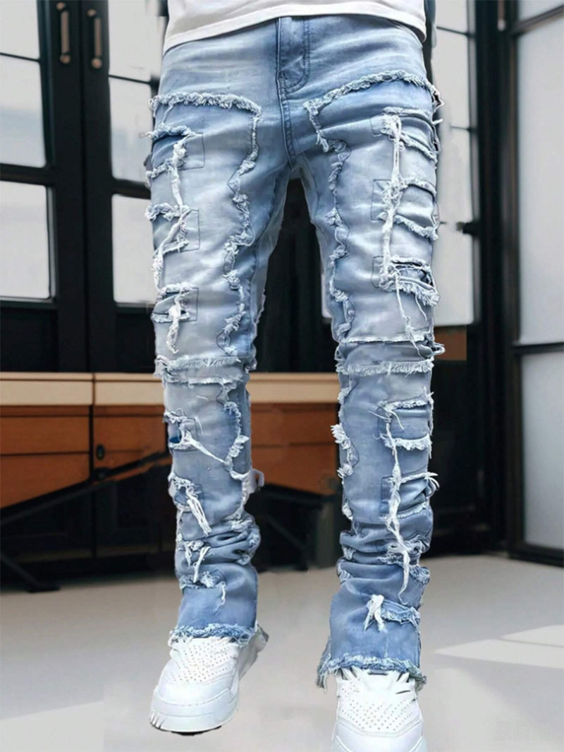 Men's Distressed Denim Jeans Slim Straight High Street Fashion Patchwork Raw Hem Casual Breathable Cotton Blend Pants_mkmklike.com