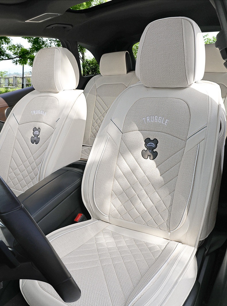 Car Seat Cushion, All-Inclusive, Suitable for All Seasons, Pure Linen Seat Cover, Fully Surrounded by Cotton and Linen Fabric, Cartoon Seat Cover