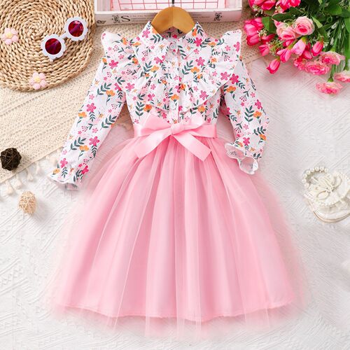 2-12 Year-old girl's long-sleeved lapel floral mesh dress for small and medium-sized children's princess dress with woven belt, new in spring