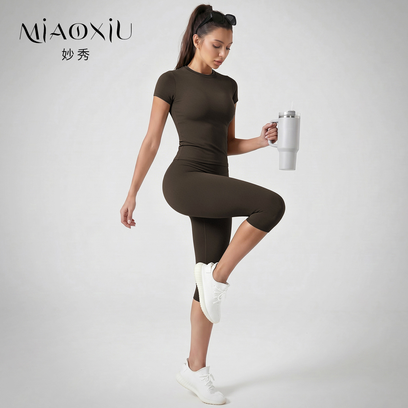 New Cross-Border Style Naked-Feel Yoga Set, Quick-Dry Short-Sleeve Top, Leg-Tie Capri Pants, Sports Running Waist-Cinching Fitness Yoga Outfit