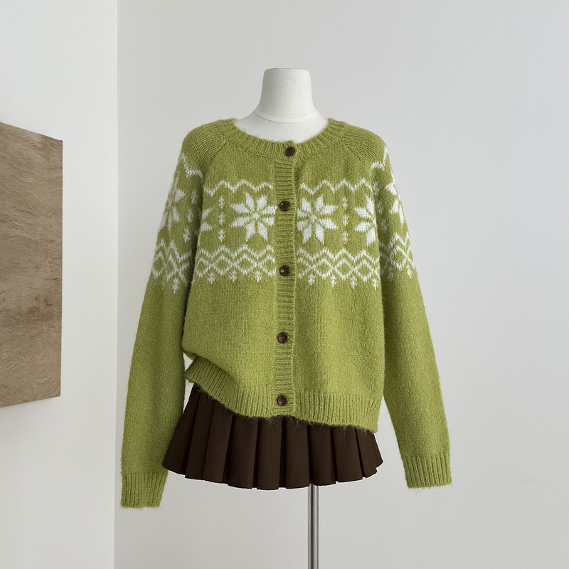 『Xin Xing』Norwegian Forest Snow Trail Style Fair Isle Knit Sweater for Women, Autumn Lazy Style Sweater Jacket Top for Women