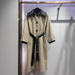 2024高端品质撞色编织领拼皮风衣拼接顶级小羊皮大衣外套女