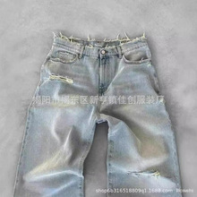 跨境厂家直销欧美破洞牛仔裤高街潮牌做旧直筒刺绣男士牛仔长裤