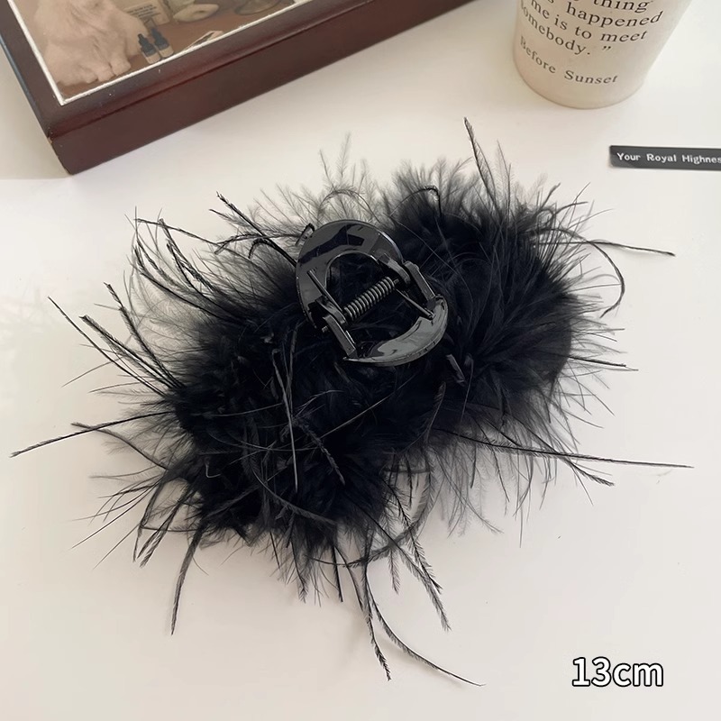 Clip de espalda de mujer de horquilla de pluma grande clip de tiburón de piel de avestruz clip de pelo negro de alto grado tocado