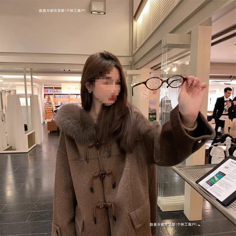 Imitation Fox Fur Collar Toggle Button Cashmere Wool Coat for Women, Winter Petite Fur Hooded Woolen Coat