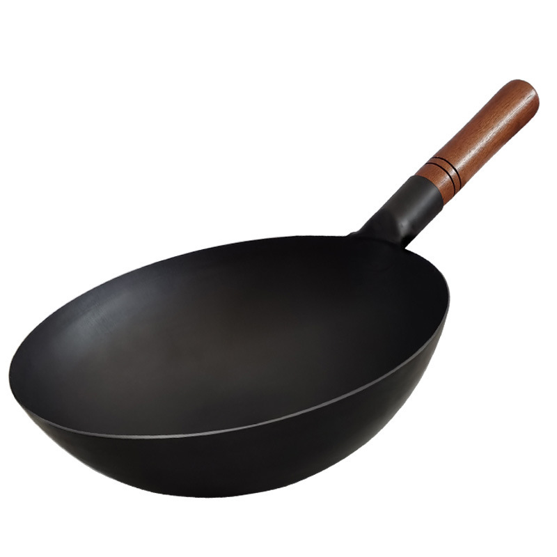 Wok de hierro fundido Zhangqiu para cocinar, sin recubrimiento antiadherente, hecho a mano estilo antiguo, integrado para cocina occidental, con mango de madera, para uso doméstico, venta al por mayor