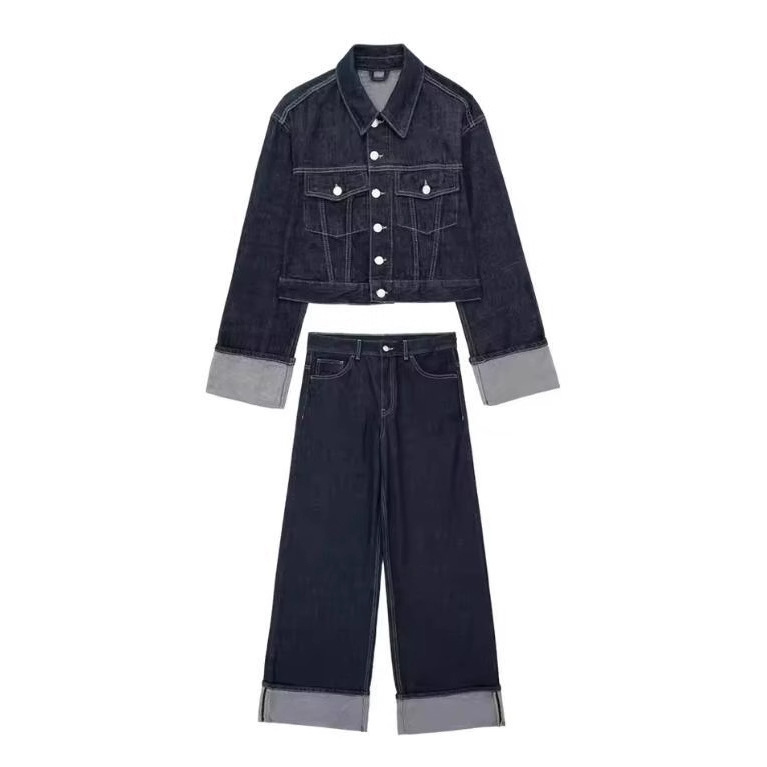 Cross-Border European and American Fashion Aliexpress Ins Denim Jacket Coat Flared Cuffed Pants Set Denim