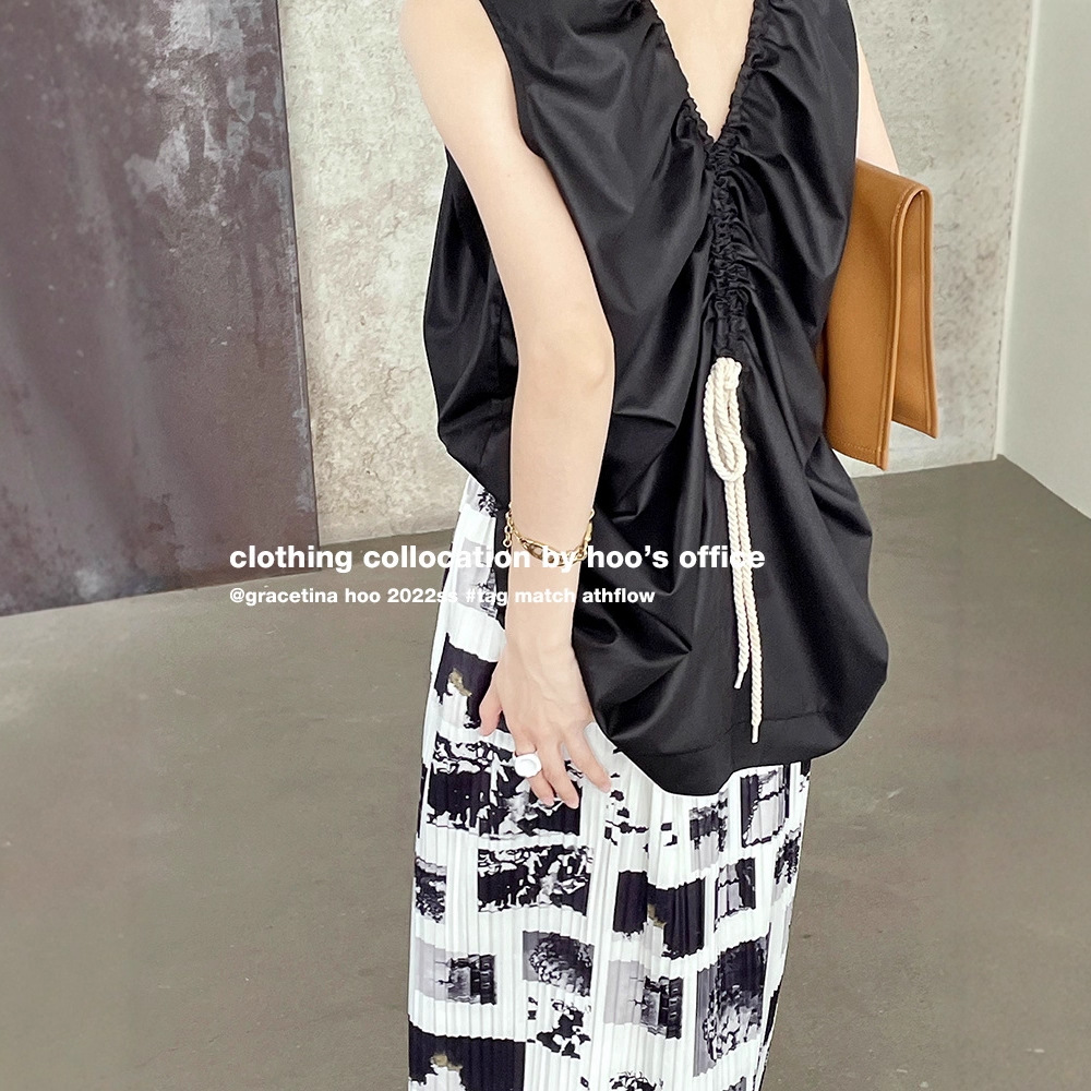 GRACETINAHOO气质淑女前后两穿圆领套头抽绳调节纯色衬衫女CS6213