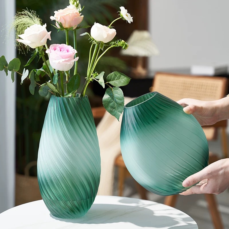 Moderno simple hilo verde florero de vidrio esmerilado creativo sala de estar mesa de comedor arreglo de flores decoración de la flor