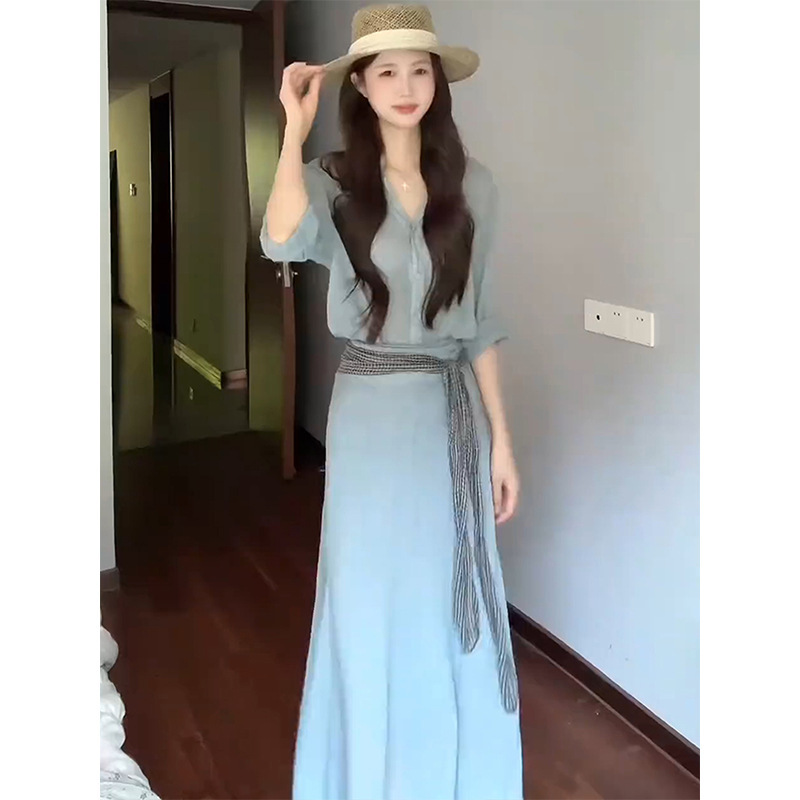 休闲风复古气质套装女2025夏季新款宽松衬衫半身裙两件套简约女装|undefined