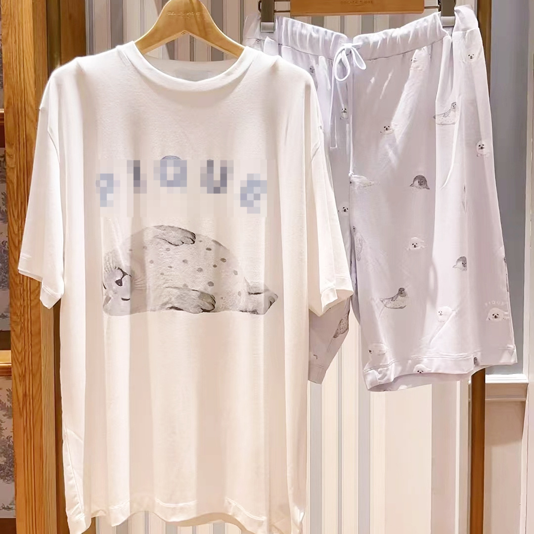 Summer Men's Home Clothes Cartoon Seal Print Loose Round Neck Short-Sleeved Three-Quarter Pants Pajamas Men's Suit Can Be Worn Outside