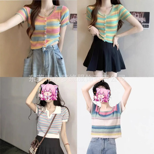 Rainbow Striped Knitted Short-Sleeved Shirt, Sweet and Fashionable Summer Knitted Vest for Women, Stock Clothing Wholesale Supply