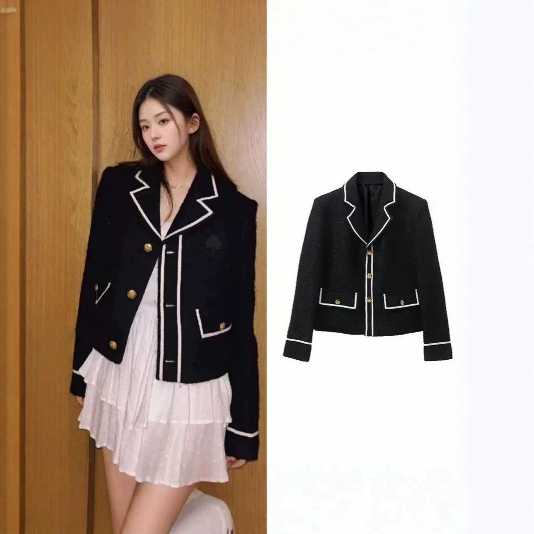 Autumn wool tweed blazer, stylish Hepburn-inspired black jacket for women