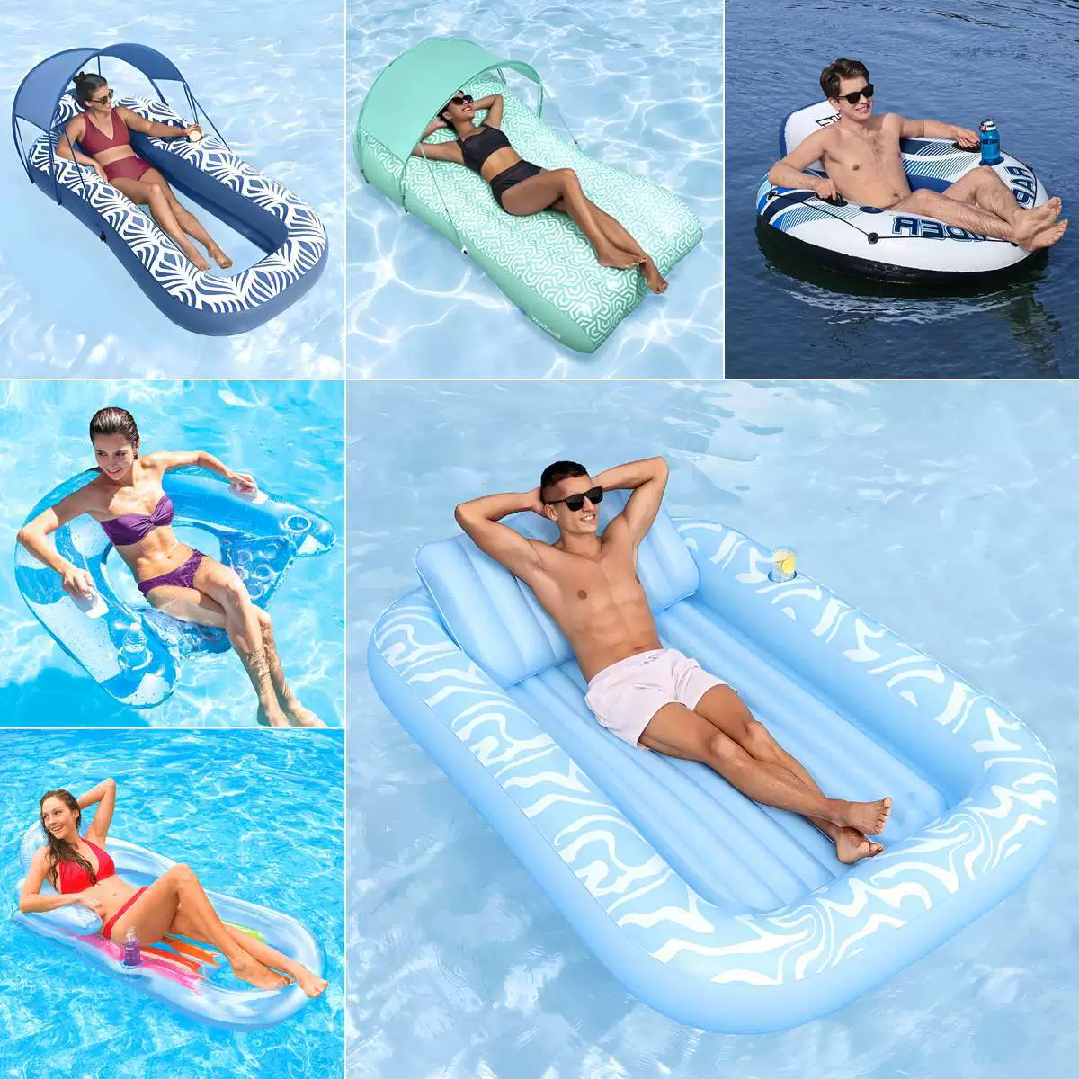 Утолщенные одинарные и двойные надувные плавучие поплавки для взрослых и детей, кольца для плавания, плавучие воздушные подушки, плавучие кровати, водные стулья и диваны.