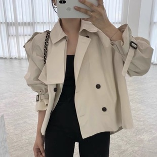 South Korea Chic Autumn French Niche Lapel Design Double-breasted Loose Short Long-sleeved Work Coat Coat Women