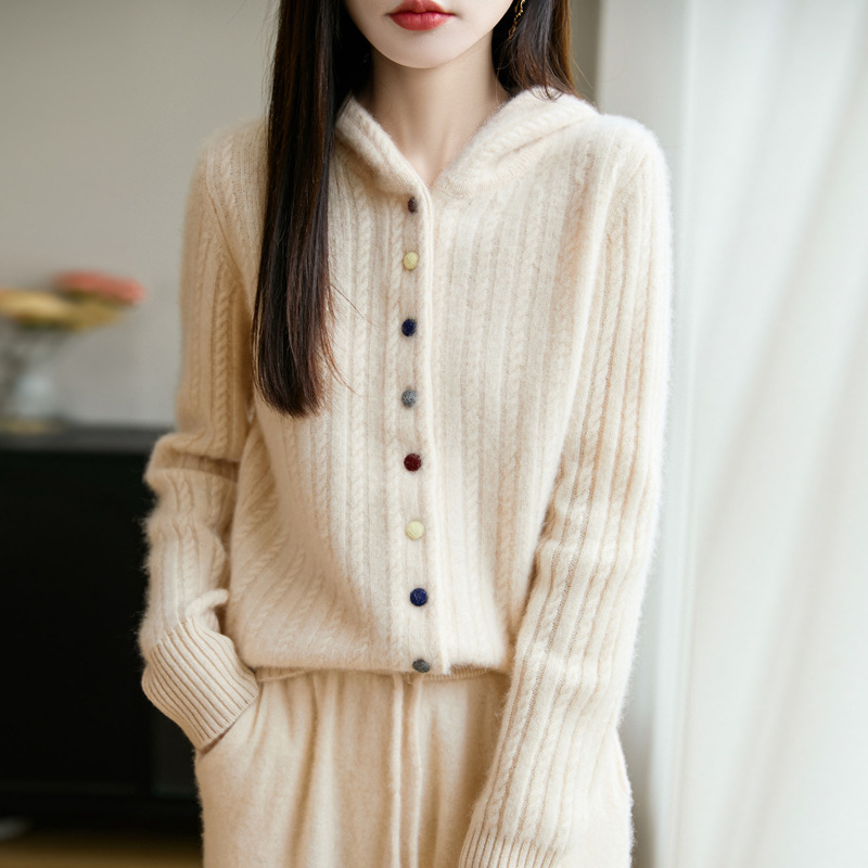 重磅加厚100纯羊毛开衫女秋冬毛衣宽松上衣连帽羊绒针织女装外套|undefined